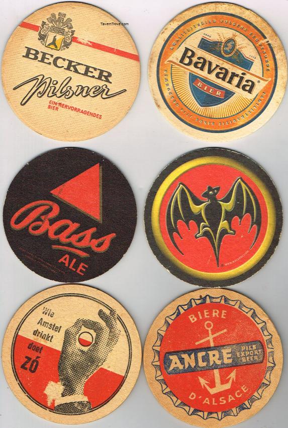 Lot of SIX 4-Inch Coasters Ancre Alsace Bacardi Bass Bavaria Beer
