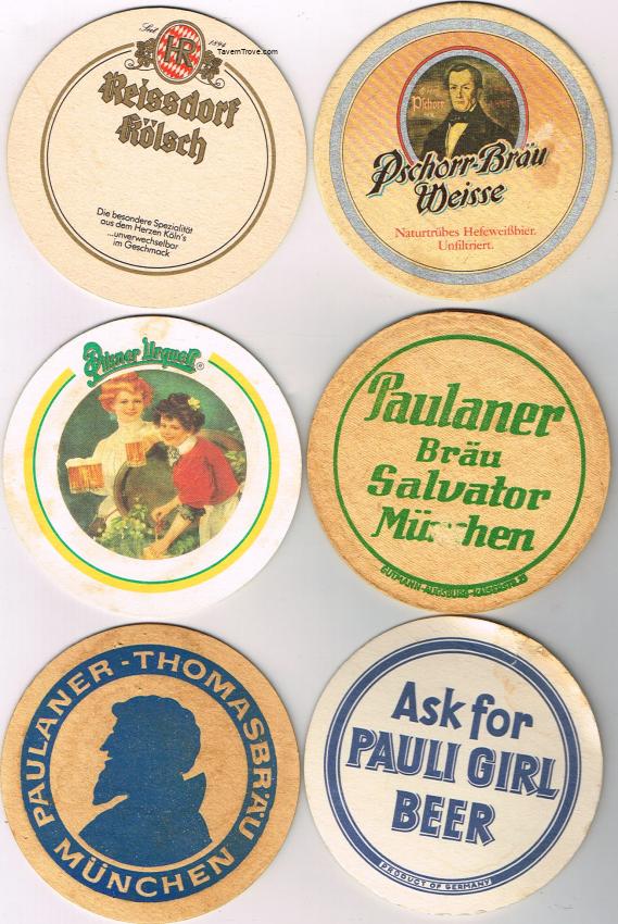 Lot of SIX 4-Inch Coasters Pschorr-Brau Pauli Girl Paulaner Thomasbrau Beer