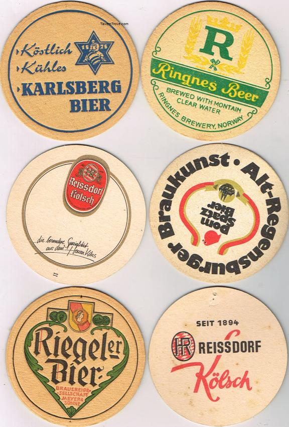 Lot of SIX 4-Inch Coasters Riegeler Ringnes Karlsberg Beer