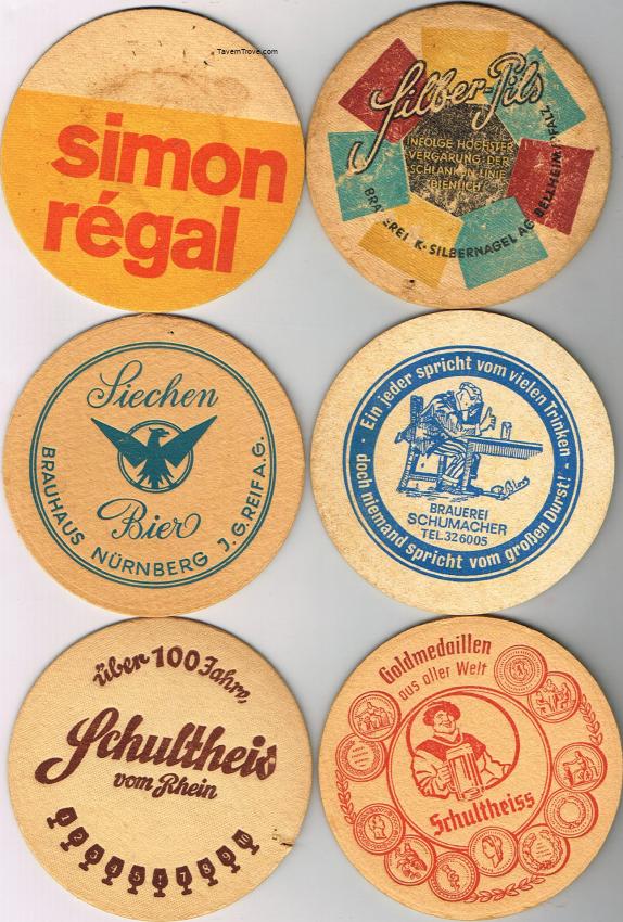 Lot of SIX 4-Inch Coasters Simon Regal Schultheis Silber-Pils Beer