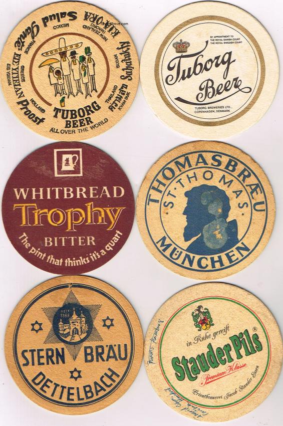 Lot of SIX 4-Inch Coasters Stern Brau Dettelbach Whitbread Tuborg Beer