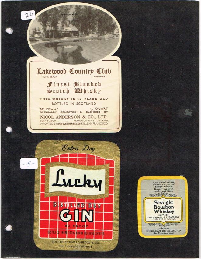 Lot of Three 1940s-1960s California Liquor Labels Lakewood Country Club Monogram