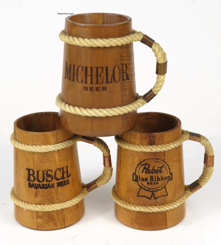 Lot of Three Michelob Busch Pabst Wooden 5¾ Inch Mugs