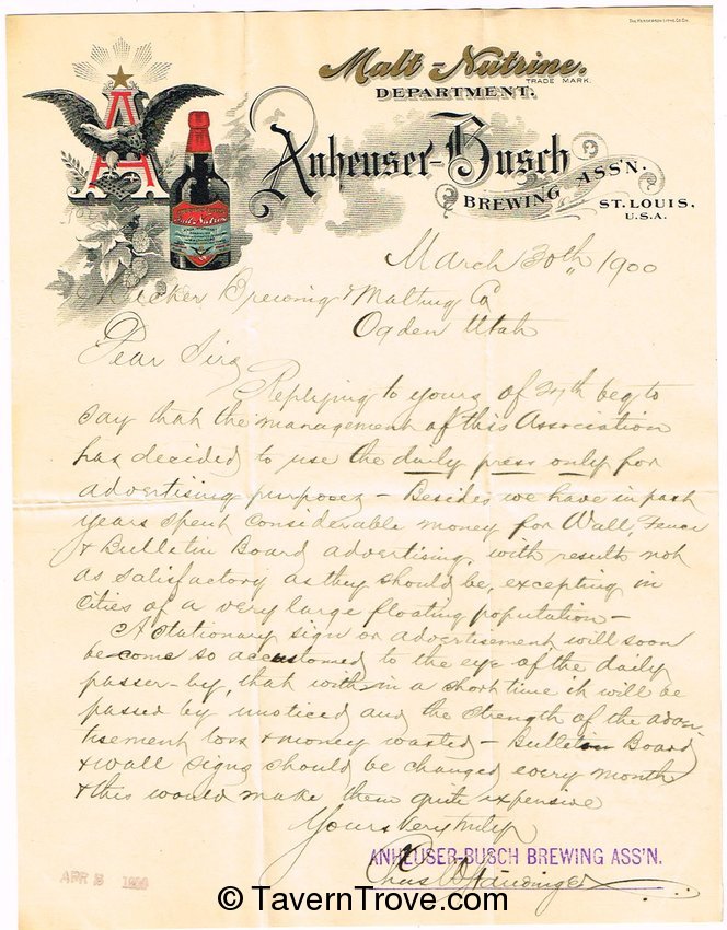 Malt Nutrine Dept. Letterhead