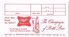 Miller Beer Baseball Ticket Envelope