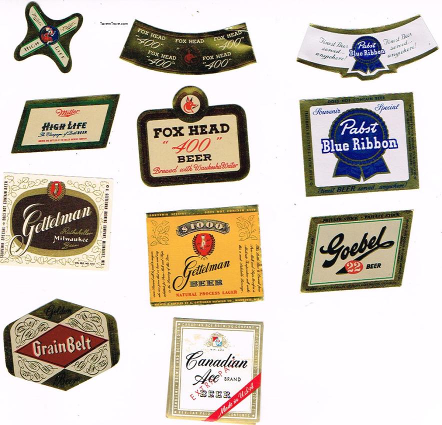 Mini Bottle Labels Lot of ELEVEN Fox Head Pabst Gettelman