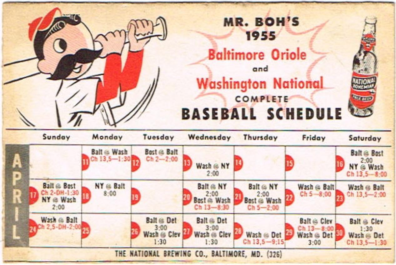National Bohemian Beer 1955 Baseball Schedule