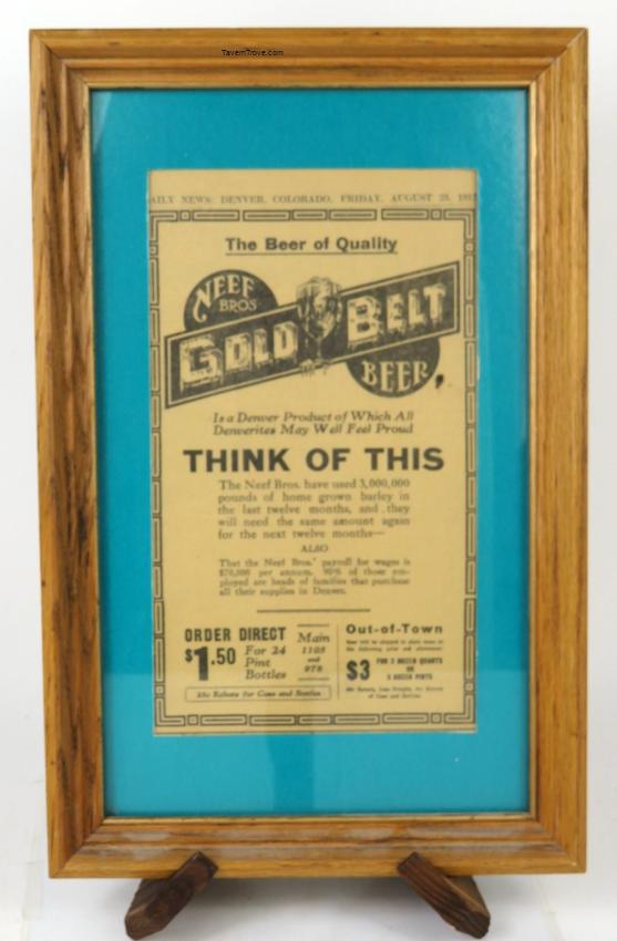 Neef Bros. Gold Belt Beer Framed Newspaper Ad