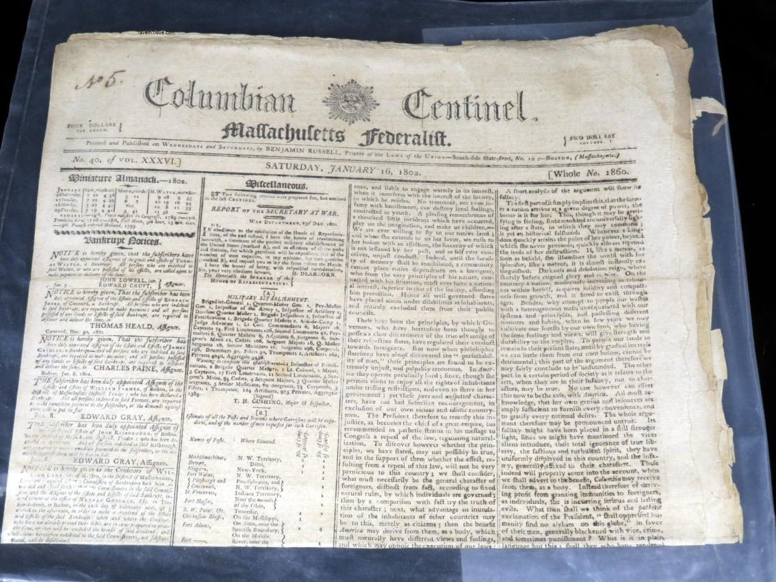 Newspaper Columbian Centinel Banjamin Russell January 16