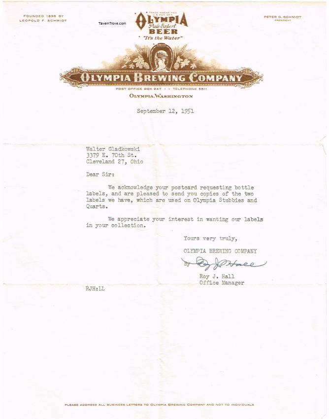 Olympia Brewing Co. (label collector letter)