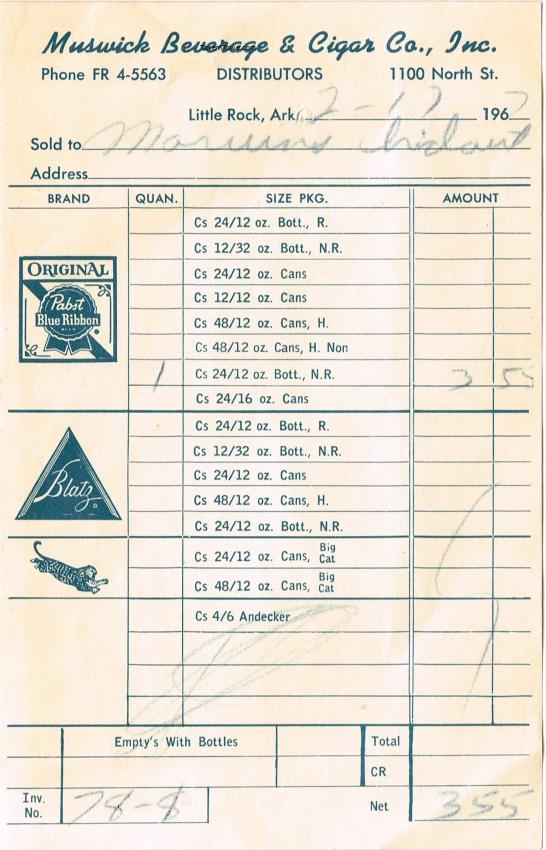 Pabst/Blatz/Big Cat Beers Receipt