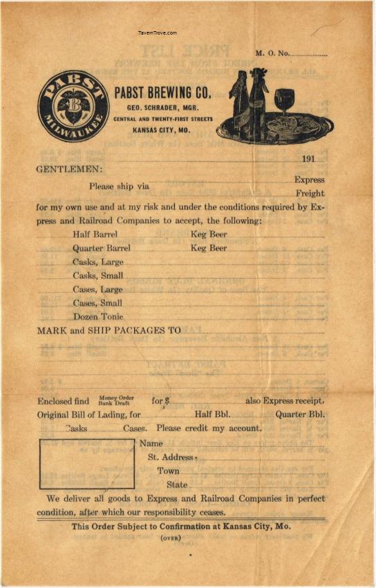 Pabst Order Sheet