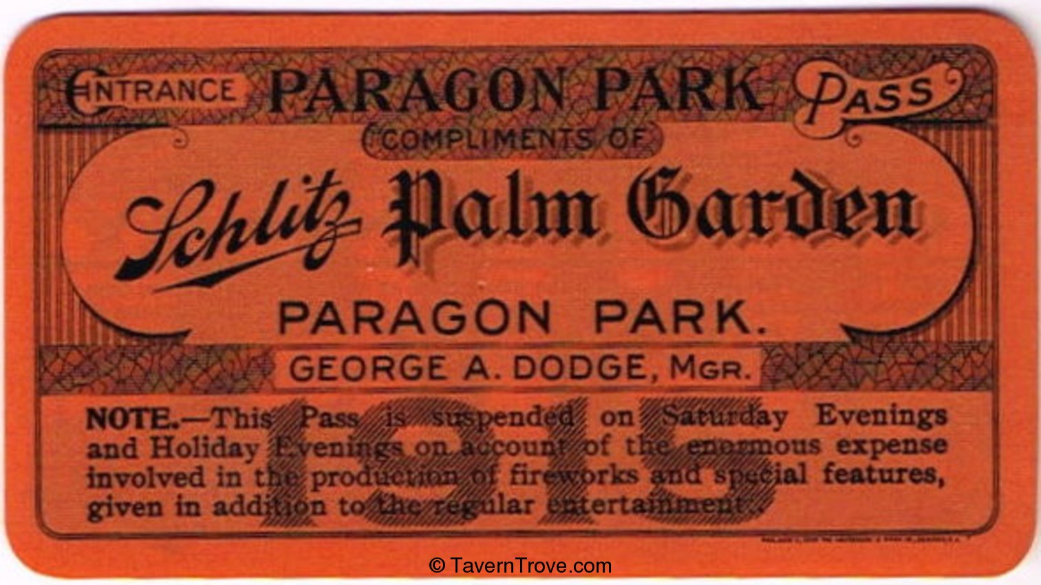 Paragon Park 1915 Free Pass