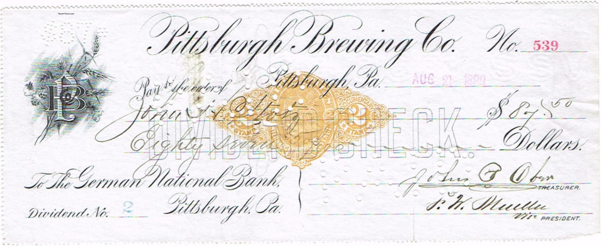 Pittsburgh Brewing Co. Dividend Check Signed John Ober