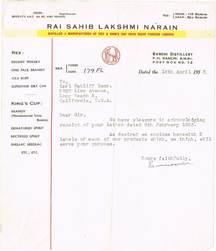 Rai Sahib Lakshmi Narain Ranchi Distillery India