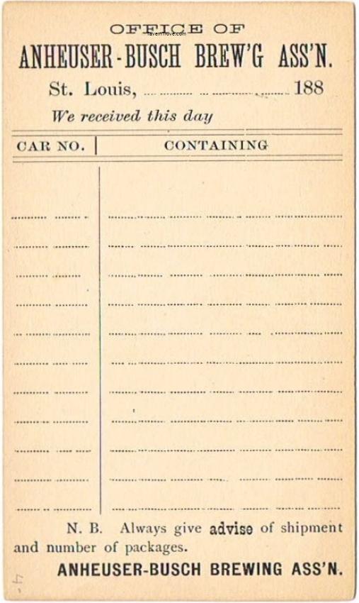 Anheuser-Busch Brewery Railroad Receipt