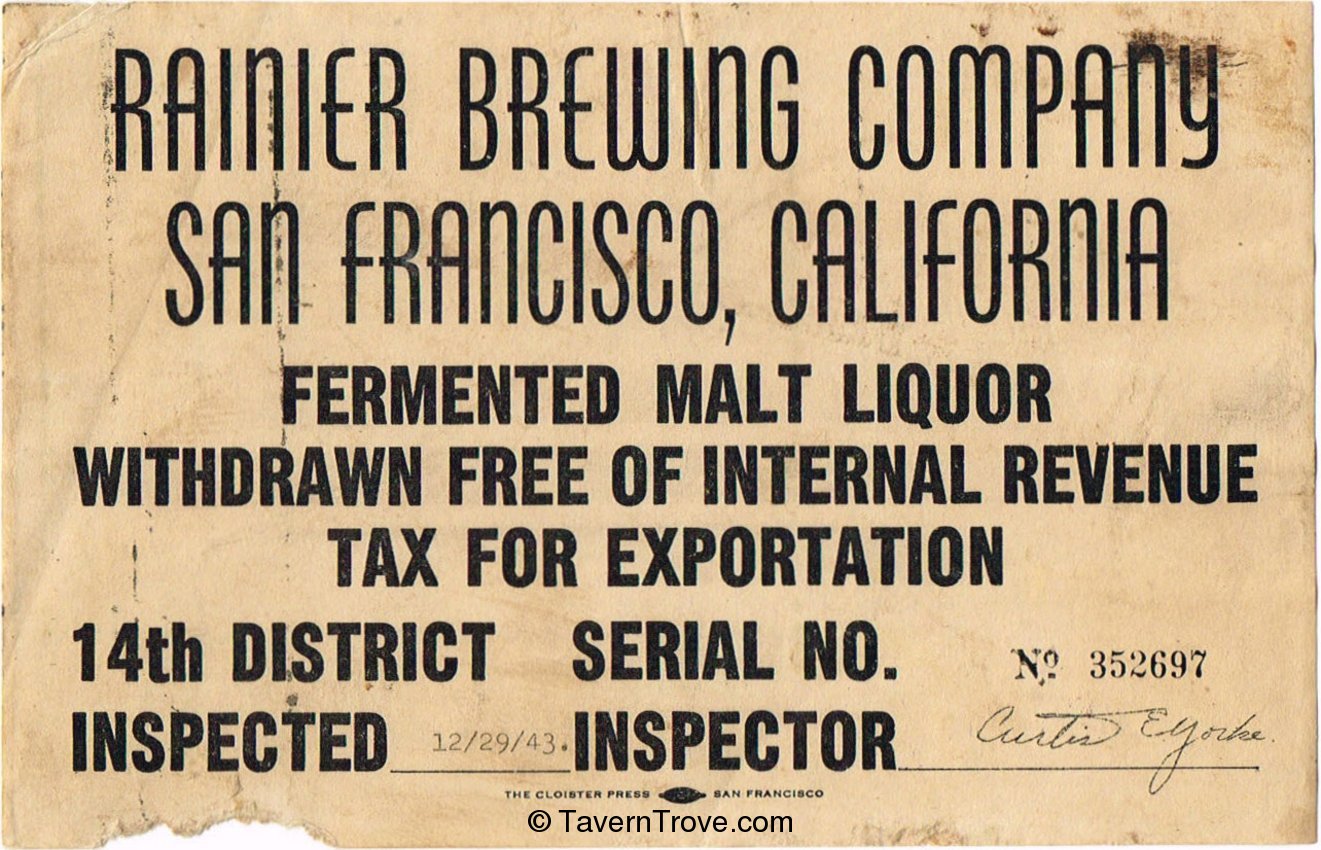 Rainier Brng. Tax Label