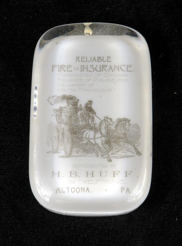 Reliable Fire Insurance Truck Glass Paperweight H B Huff Altoona Pennsylvania