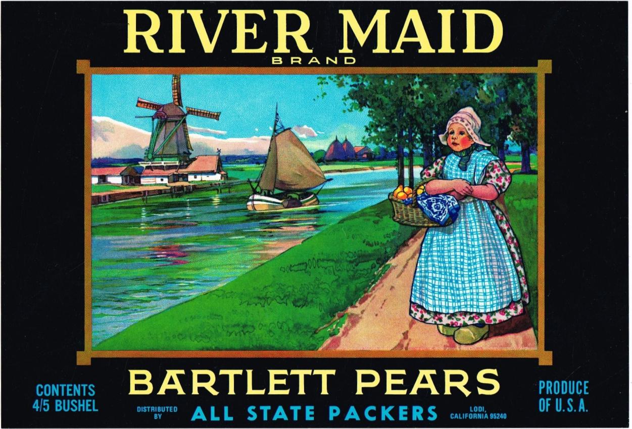 River Maid Bartlett Pears Fruit Crate Label Lodi California