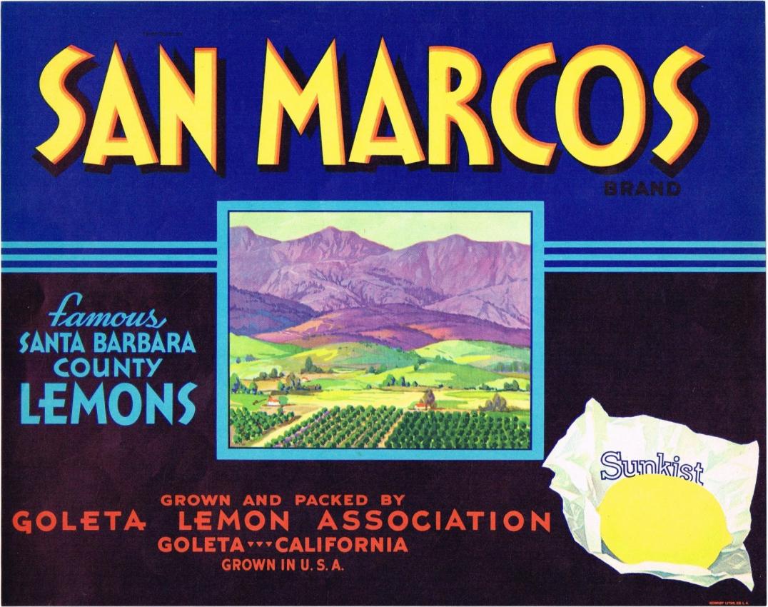 San Marcos Sunkist Lemons Fruit Crate Label Goleta Oregon