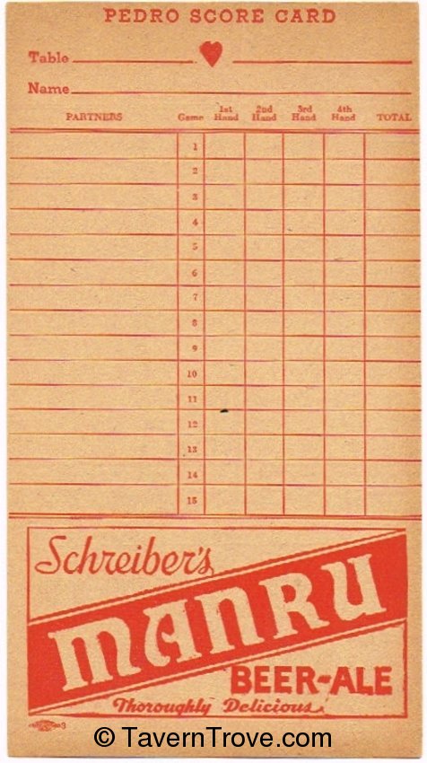 Schreiber's Manru Beer-Ale Hearts Scorecard