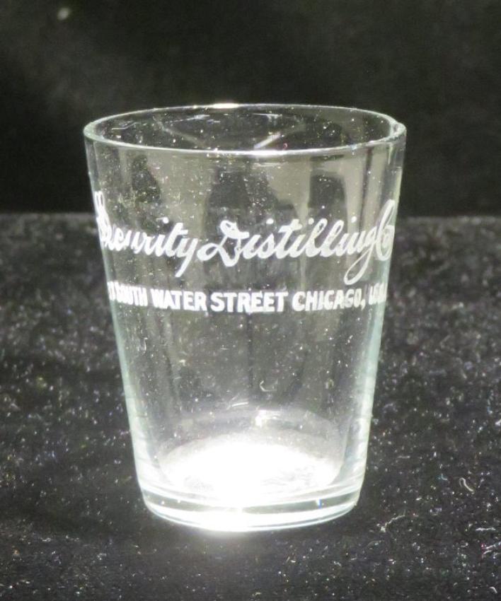 Security Distilling Co. Small Etched Shot Glass Chicago Illinois