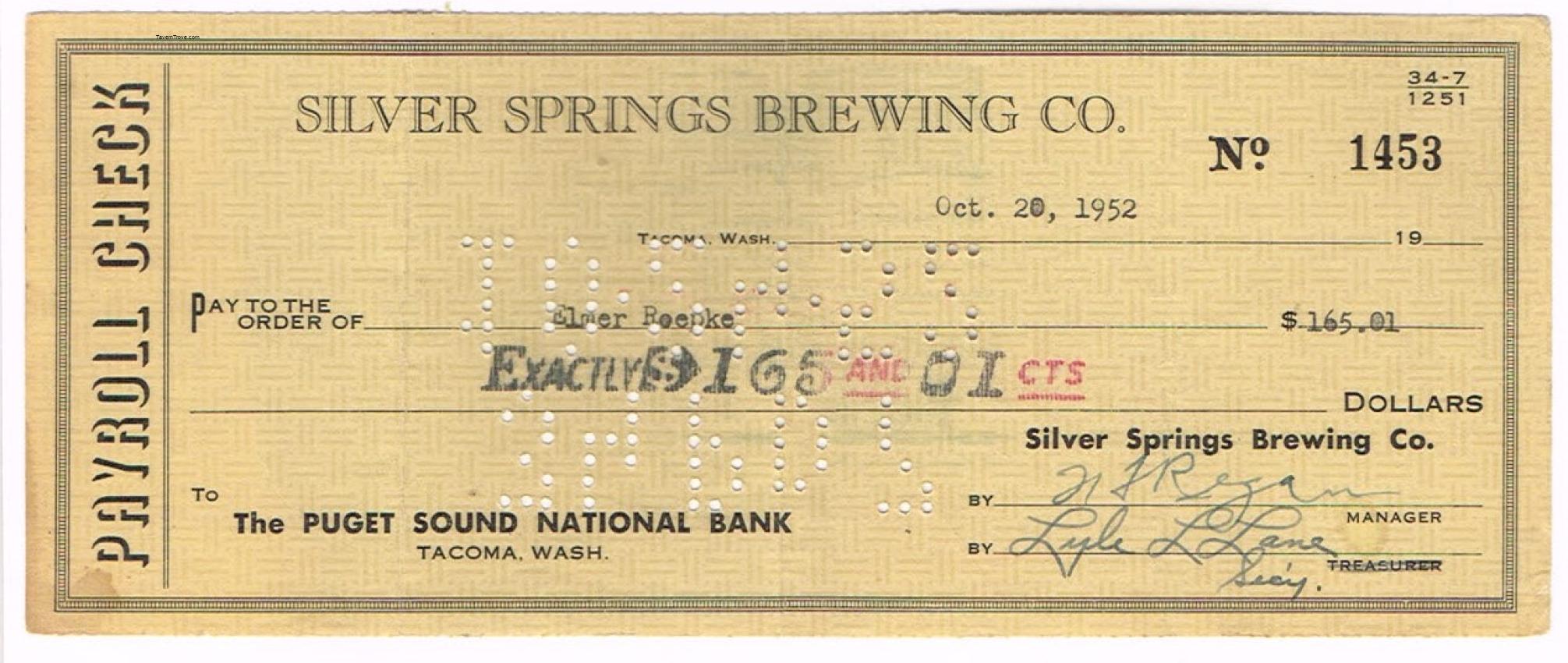 Silver Springs Brewing Co. Payroll Check