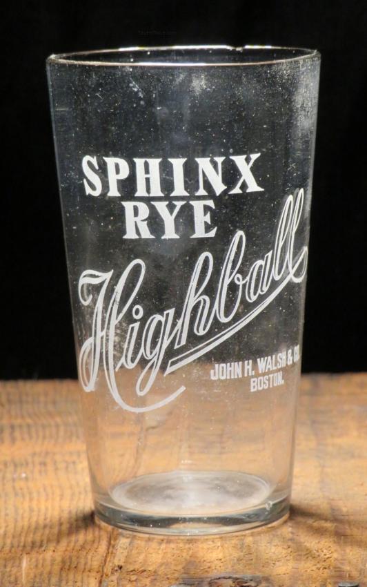 Sphinx Rye Highball Etched 4 Inch Glass John H Walsh Boston Massachusetts