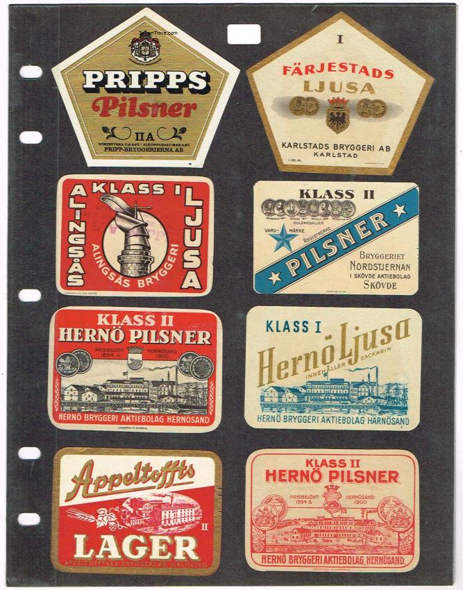 Sweden Beer Labels Pripps Herno Alingsas lot of EIGHT