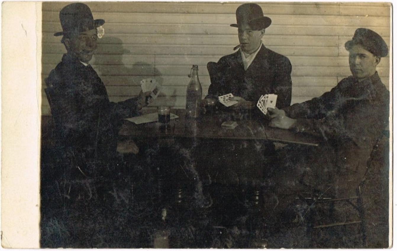 Three Men Playing Poker And Drinking Beer RPPC