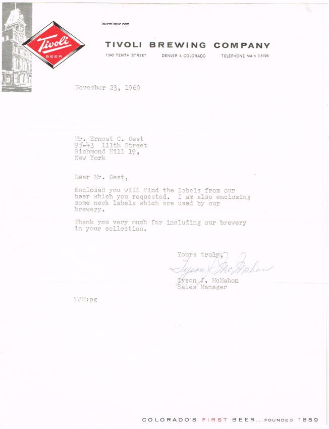 Tivoli Brewery Letter to Uncle Ernie Oest