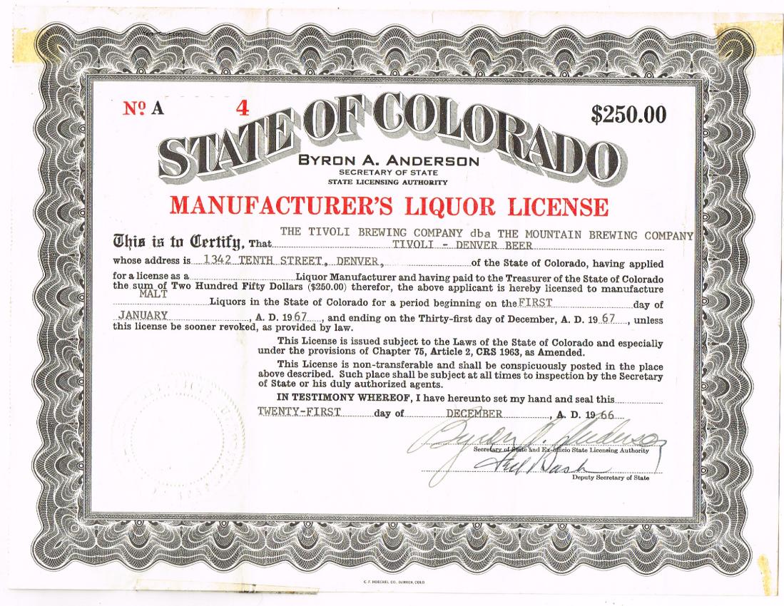 Tivoli Brewing Co. Liquor Manufacturer's License