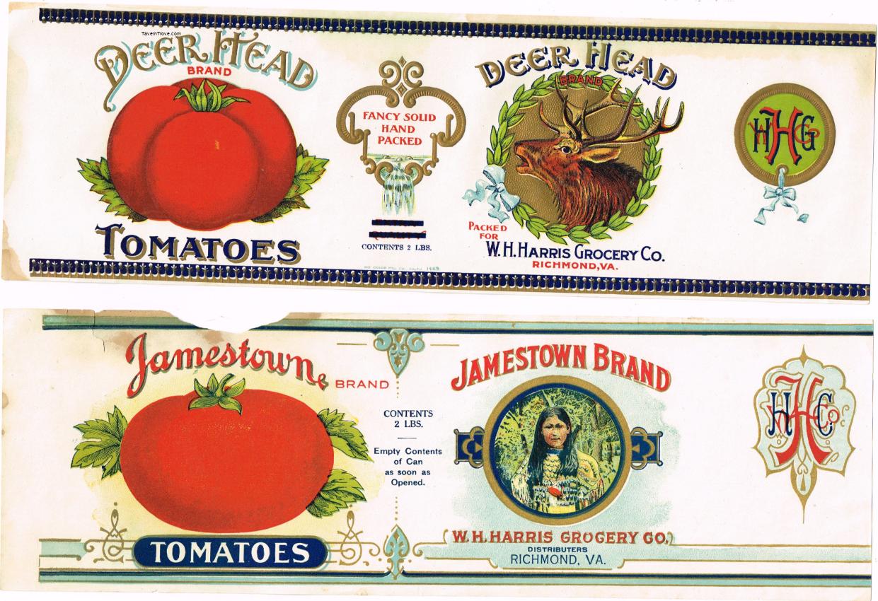 Tomato Can Labels lot of TWO Harris Grocery Richmond Virginia