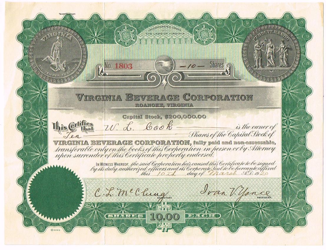 Virginia Beverage Corporation Stock Certificate