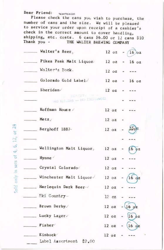 Walter Brewing Co. Can Collector Price List