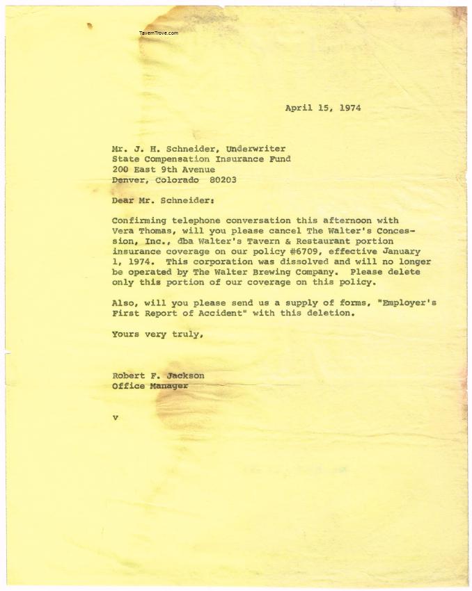 Walter Brewing Co. Insurance Cancelaton Notice