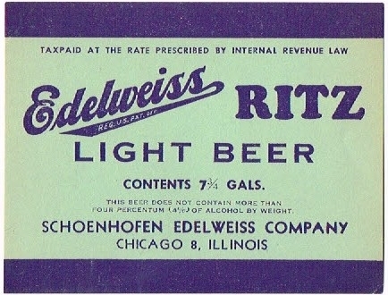 Item #66957 1936 Edelweiss Ritz Light Beer Label IL46-23b