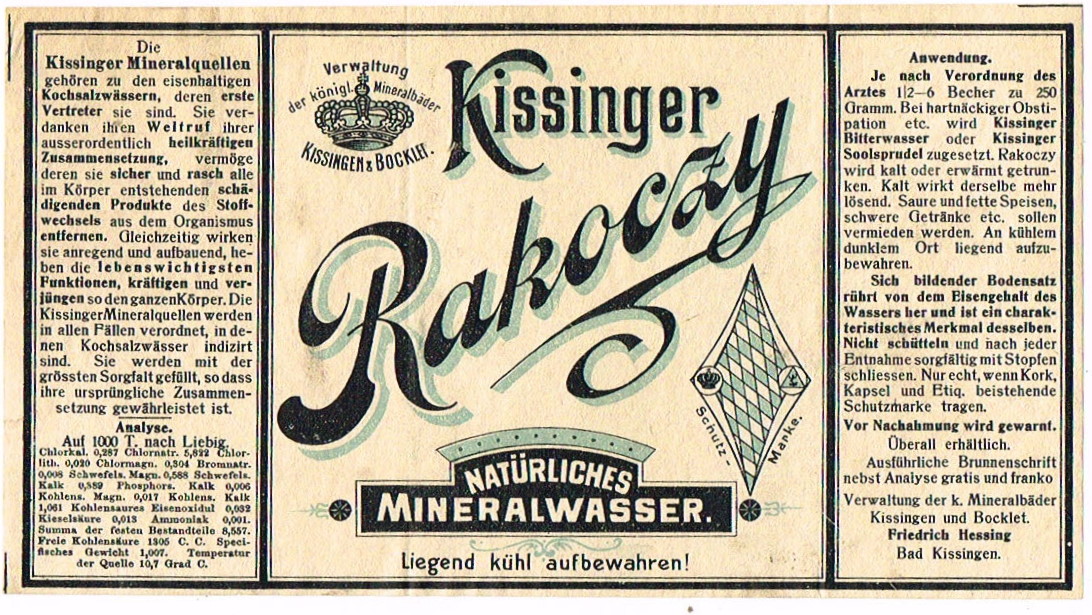 Item #101135 1922 Kissinger Rakoczy Mineral Water Kissingen Germany Label